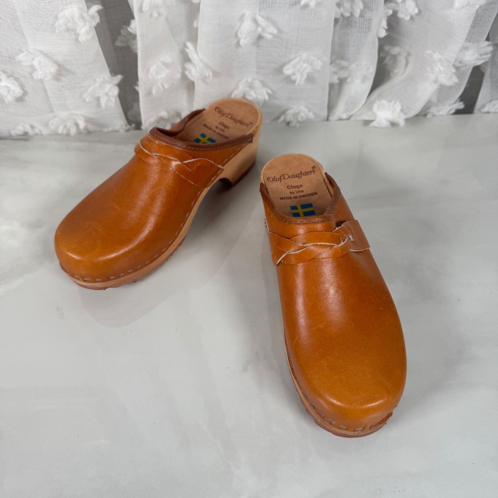 Vintage Olof Daughters Clogs Cognac Leather Upper Wood Platform Heel Swedish 6